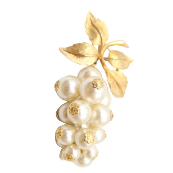 Vintage Gold Tone & Faux Pearl Large Grape Cluster Brooch MCM Mid Century - Picture 2 of 6